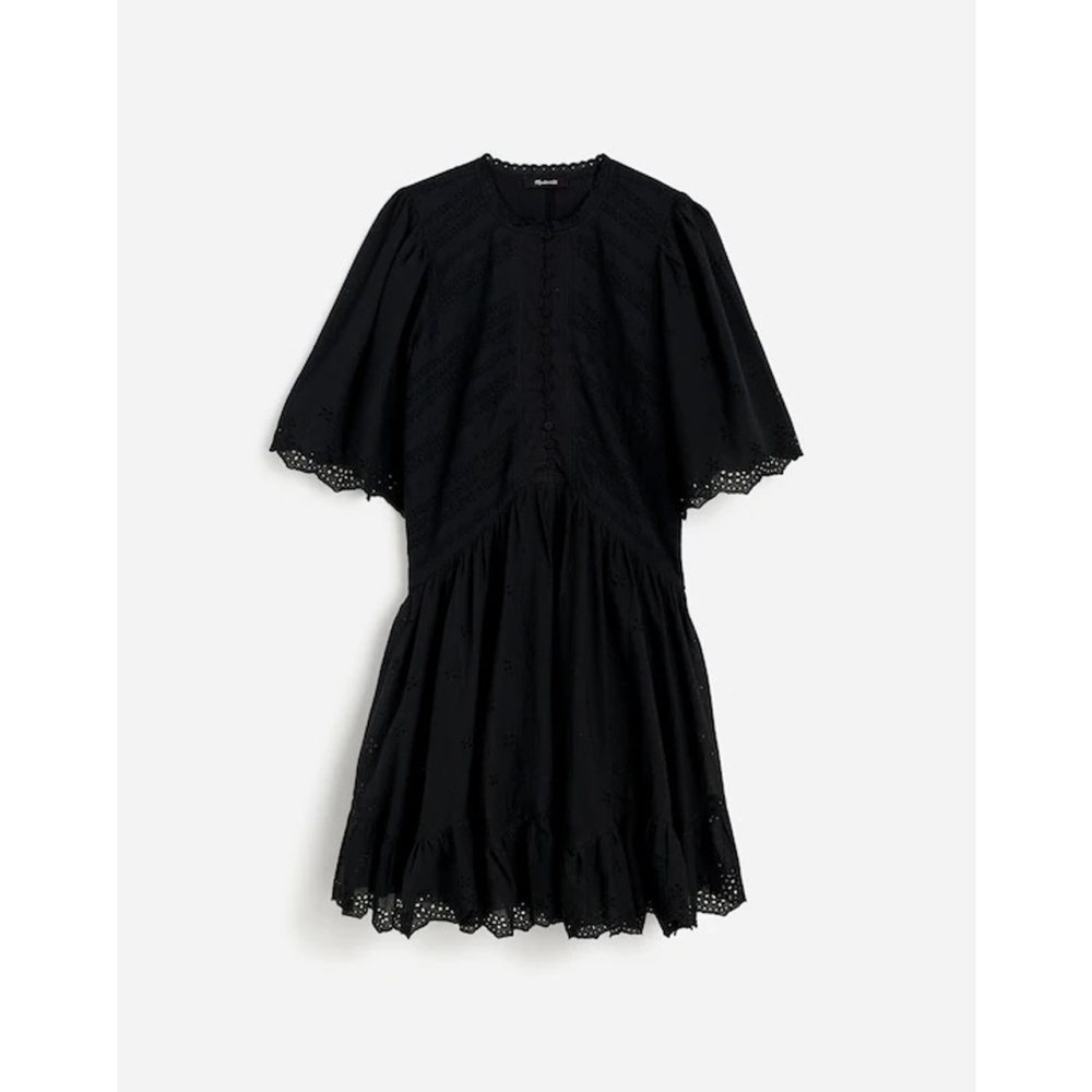 NWT Madewell Eyelet Flutter Sleeve Mini Dress in Cotton size 0 in black NU556